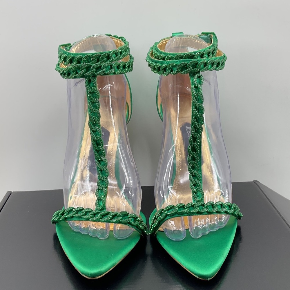 Jessica Rich Green Satin Braided T-Strap Stiletto Heels Gold Stem Sandals 38